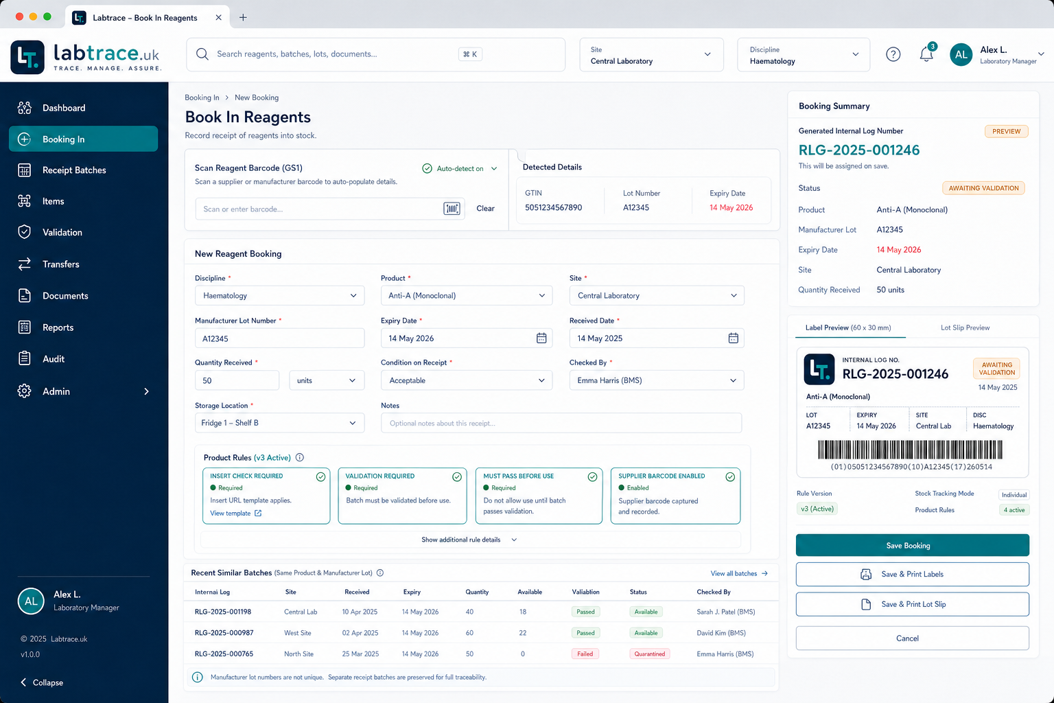 Labtrace booking in preview